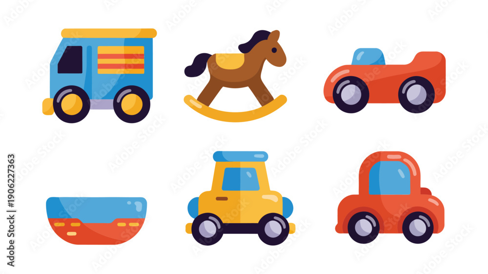 Naklejka premium Kids toy vehicle vector set with truck, car, convertible, boat, rocking horse, preschool playroom graphics for birthday party decor