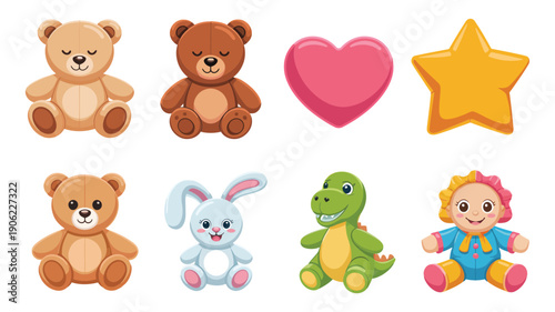 Plush toy vector icons with teddy bears, soft heart, yellow star, white bunny, cute baby graphics for gift design projects