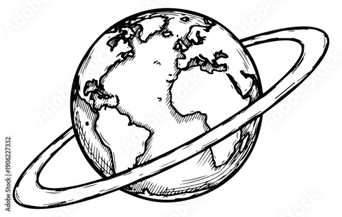 Hand drawn illustration of planet earth depicting a celestial ring for global concepts