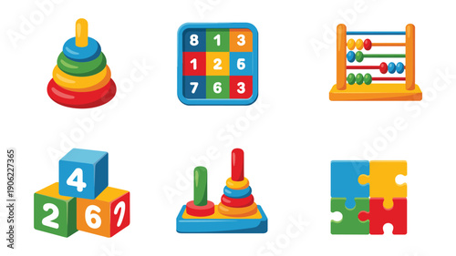 Educational toy icons vector set with stacking rings, number board, alphabet blocks, shape sorter for preschool learning, Montessori classroom design