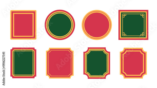 New year sale sticker set, red and green label badges, coupon ticket shapes, seasonal promotion tags, shop banner graphics