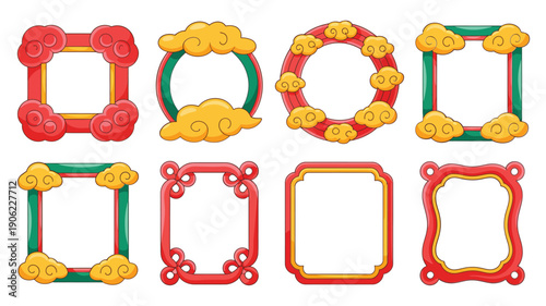 Traditional Lunar New Year border collection featuring round wreath frames, cloud corners, floral accents and bright red gold decorations elements