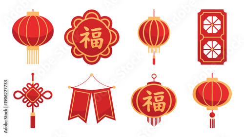Lunar New Year lantern icon pack with fortune symbol plaques, festive pennant banner, tassels and red gold hanging decorations set