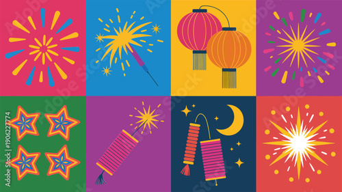 New year fireworks patchwork, colorful squares, lantern glow, rockets and stars, festival celebration background tiles, party poster vector elements