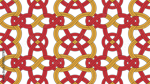 Traditional lattice knot pattern, interwoven red and gold ribbons, seamless decorative Asian repeat, festival decoration wallpaper, luxury packaging vector
