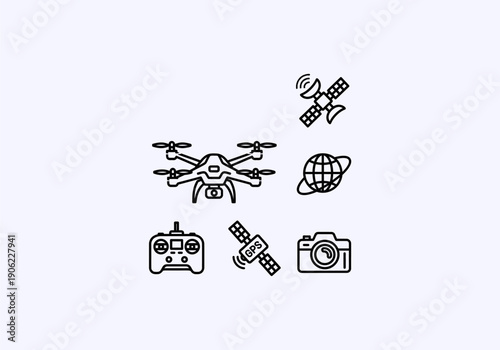 Vector Ilustration idea Concept Drone, remote control, satellite, camera, and globe icons in black outline.