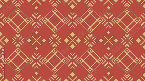 Geometric lattice seamless pattern, diamond grid with tiny crosses, rustic textile feel, craft fair poster background, folk festival invitation vector