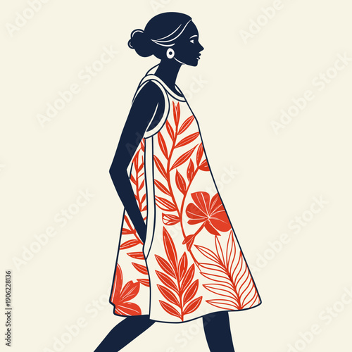 A minimalist vector illustration of a woman walking in a floral dress