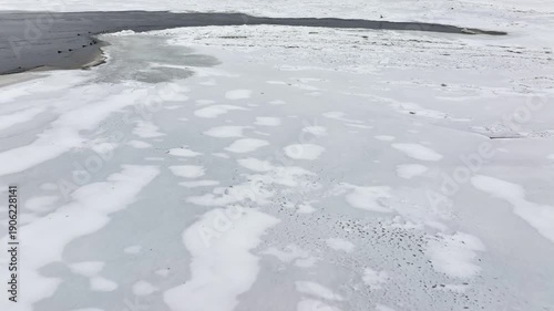 Aerial Vistula River ice water winter ducks Poland overhead 4K. Winter season cold arctic temperatures, ice flows and dangerous ice jams. Longest river in Poland. To Baltic Sea. Transportation.