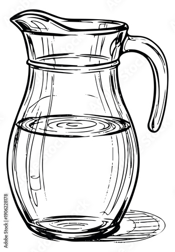 Hand drawn line art illustration of a glass pitcher depicting a refreshing drink for kitchen and beverage designs