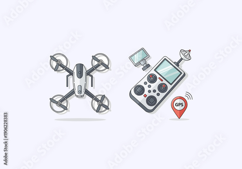 Vector Ilustration idea Concept Drone and Remote Control - Aerial Technology Illustration with GPS Navigation.