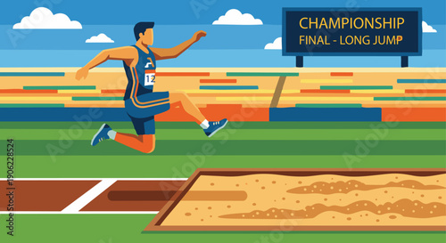 Long Jump Athlete

Flat vector illustration of a long jump athlete leaping into the air toward a sand pit. Take-off board visible, sand pit in foreground. Flat vector style, sports competition mood.