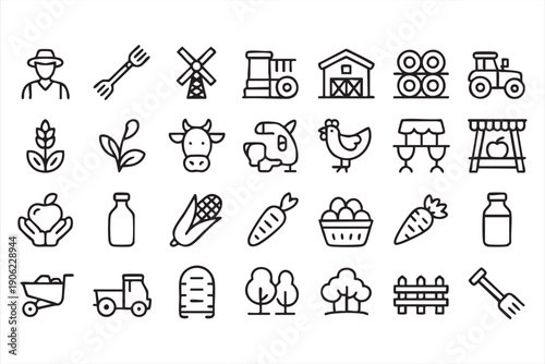 Farmer tractor and livestock symbol pack in line style