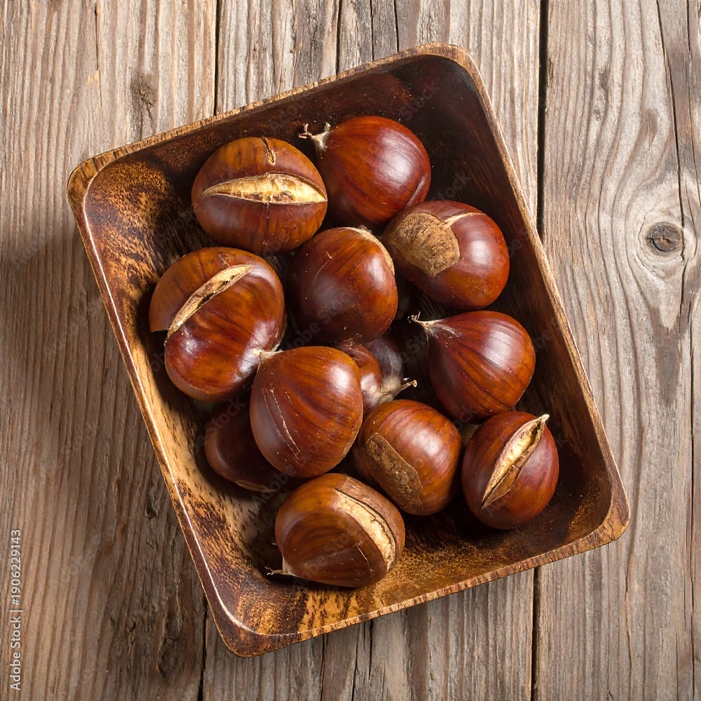 Obraz premium Roasted chestnuts fill a carved wooden bowl, presented on a textured, aged wood surface