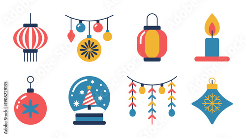 Holiday lantern and ornament icons vector illustration set with string lights, candle flame, snowflake decor, winter festival hanging decoration elements