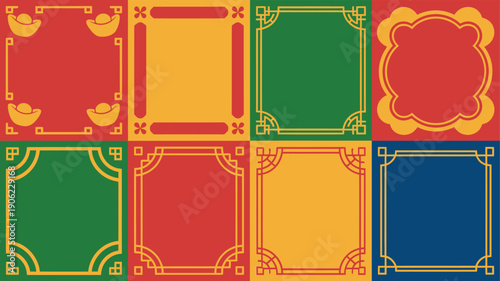 Chinese spring festival frame collection, red green gold squares, rounded corners, cloud patterns, scalloped label shapes, decorative border vector