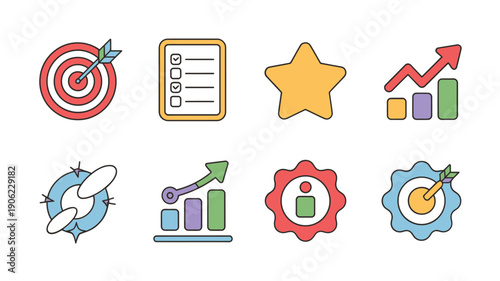 Business planning icons vector illustration set with target board, checklist, rating star, rocket launch, growth chart, security shield, gear settings