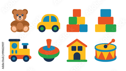Nursery toy collection vector with teddy bear, taxi car, building blocks, train, spinning top, little house, drum, childrens birthday graphics
