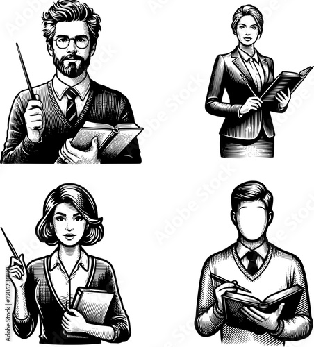 Vector illustration set of four teacher characters in sketch style, showing educators in different poses, simple hand drawn line art design, isolated on white background, suitable for education and le