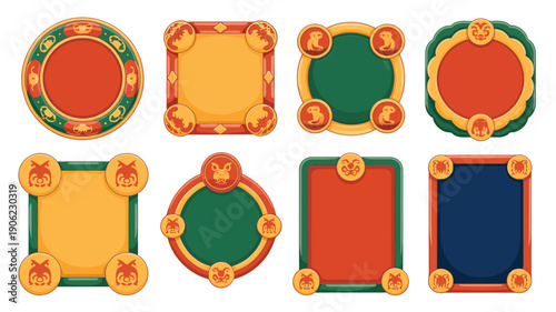 Traditional East Asian frames set, round and square labels, coin button corners, ornate borders, red gold green colors, festival vector