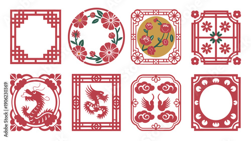 Asian celebration frame set with lattice borders, floral wreaths, zodiac symbols, circular emblems, auspicious motifs for lunar new year invitation