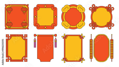 Golden festival frame set with ornate rectangles, vertical scroll panels, lantern tassel accents and celebration borders for posters banners flyers