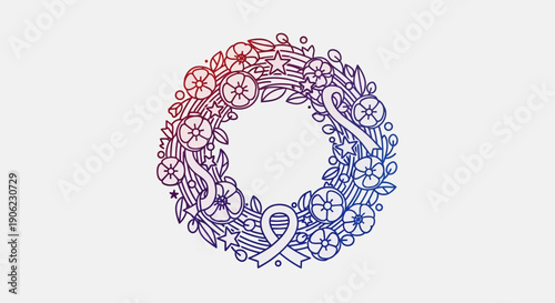 Gradient colored floral wreath illustration with ribbons and stars on a white background design