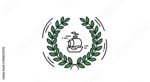 Minimalist line art icon depicting a sailing ship within a distinguished laurel wreath symbolizing