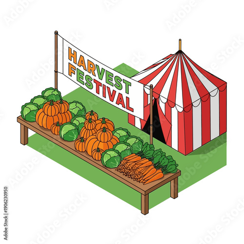 Harvest Festival illustration with pumpkins and vegetables on display.