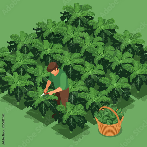 Man harvesting green plants in a lush garden.