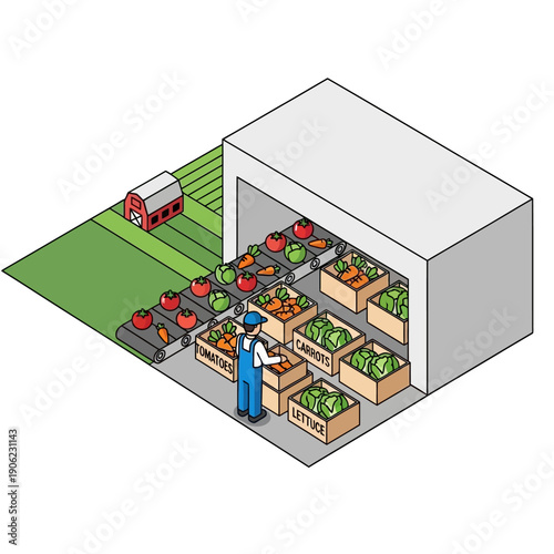 Farmer unloading fresh produce from a truck into a storage facility.