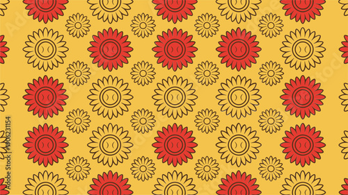 Retro floral sunburst pattern, alternating rosettes on ochre background, harvest celebration flyer, autumn festival poster, thanksgiving invitation vector design