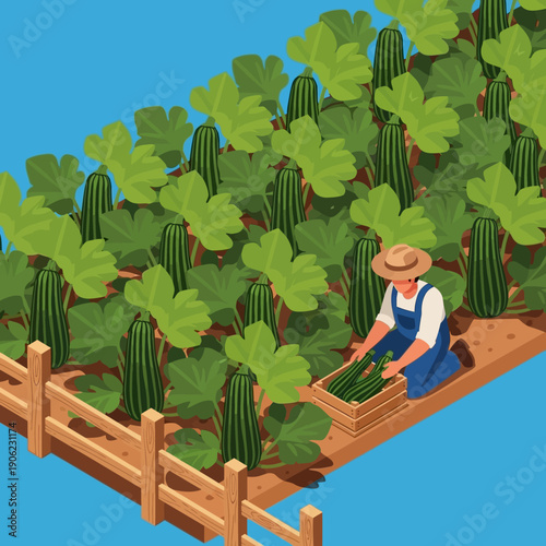 Farmer harvesting cactus pads in a fenced garden.