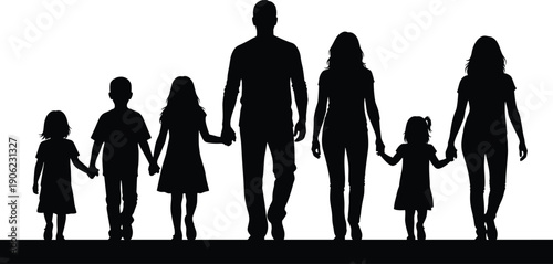 Happy family silhouettes walking together holding hands, parents and children group concept, family bonding and togetherness illustration isolated on white background