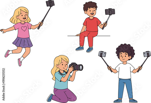 Happy kids using smartphones and cameras for vlogging, photography and social media content creation, children bloggers recording videos with selfie sticks isolated on white background