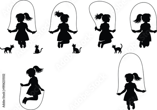 Jump rope girl silhouette collection with playful skipping poses and cute cat companion, joyful childhood activity and kid fitness concept, black vector illustration isolated on white background