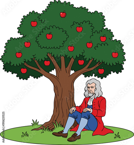 Isaac Newton sitting under apple tree illustration symbolizing gravity discovery, classic scientific history scene, colorful educational vector artwork isolated on white background