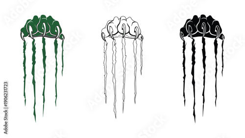 Snake dreadlocks illustration in green, black and white vector silhouette