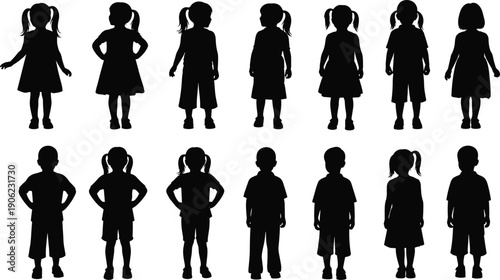 Large collection of children silhouettes isolated on white background, boys and girls standing in different poses, cute kids figures set for education, family, and lifestyle illustration concepts