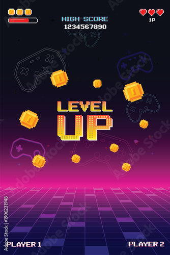 level up. pixel art 8 bit. Retro Futurism Sci-Fi Background. glowing neon grid. and stars from vintage arcade computer games. Vertical Backgrounds