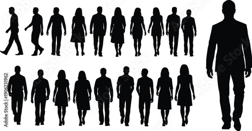 Large collection of walking men and women silhouettes isolated on white background, diverse business and casual people figures forming urban crowd lifestyle concept illustration