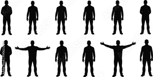 Male silhouettes set showing standing men in different confident and open arm poses, simple human figures isolated on white background for lifestyle, success, and presentation concepts