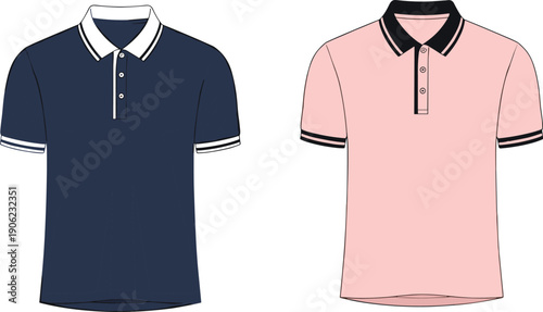 Minimal polo shirt vector illustration set featuring navy blue and pastel pink short sleeve collared t shirts, clean flat design, fashion apparel mockup isolated on white