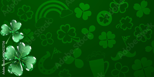 St Patricks Day illustration with cartoon style and green background featuring shamrocks, rainbow, and festive elements.