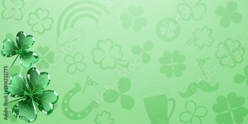 St Patricks day illustration in cartoon style with light green background and shamrocks.