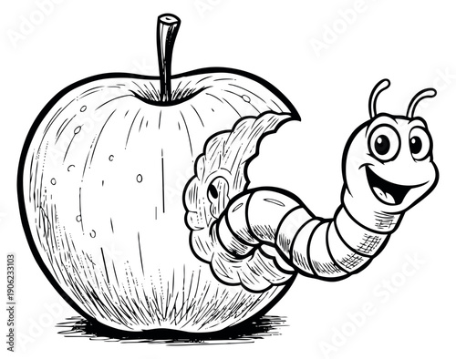 Hand drawn line art illustration of a cheerful worm peeking out of a bitten apple for children's media
