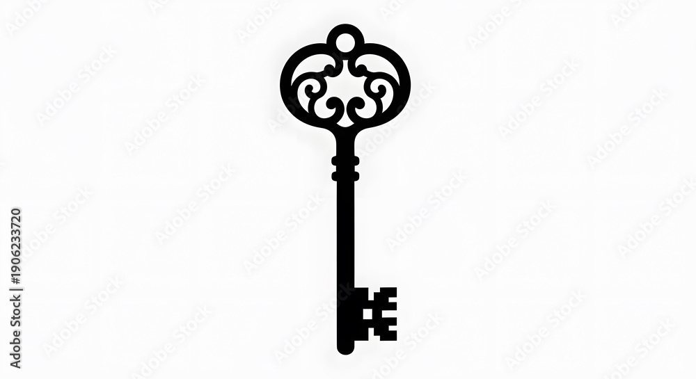 Obraz premium A black vintage key silhouette with an ornate handle on a white background