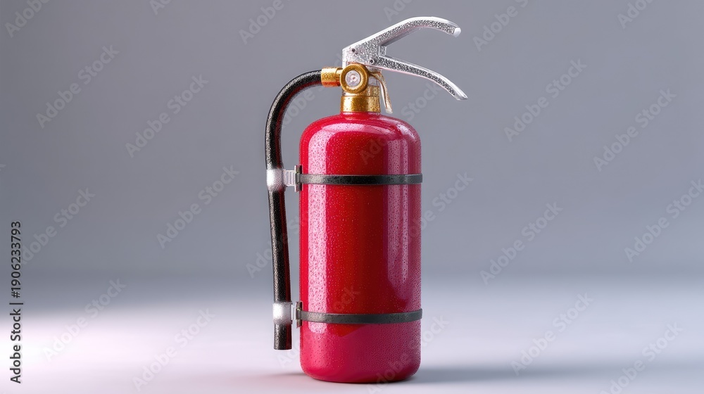 Obraz premium Red Fire Extinguisher with Hose and Nozzle on a Neutral Background for Safety and Fire Prevention