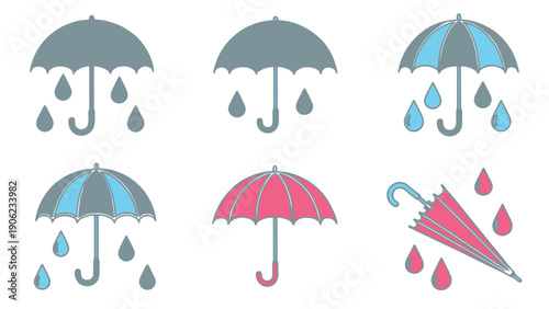 Collection of stylized umbrellas with rain drops in various colors.