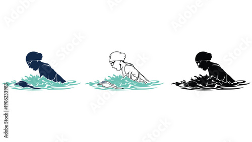 Three swimmers in different color styles are shown swimming in water.